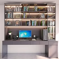 Modern Home Office Bookshelf With Multiple Shelves Books Decorative Items And Computer Desk