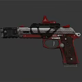 Modern Red And Black Tactical Pistol With Silver Accents And Red Scope Design