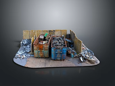 Rusty And Blue Containers Filled With Tires And Metal Scraps In Wooden Enclosed Area 3d model