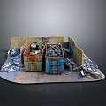 Rusty And Blue Containers Filled With Tires And Metal Scraps In Wooden Enclosed Area