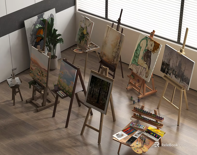 Art Studio Featuring Multiple Easels Canvases Paints Brushes And Art Supplies 3d model
