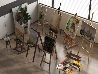 Art Studio Featuring Multiple Easels Canvases Paints Brushes And Art Supplies 3d model