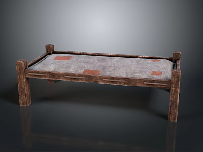 Rustic Wooden Bench With Gray Cushion And Red Accent Patches 3d model