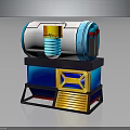 3D Rendered Mechanical Device With Silver Blue Cylindrical Body And Blue Yellow Square Base