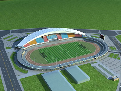 Modern Sports Stadium Featuring Curved Roof Colorful Seats Running Track And Football Pitch 3d model