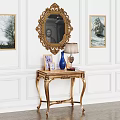 Elegant Golden Console Table with Vase Lamp Photo Frames on White Wall and Mirror Paintings