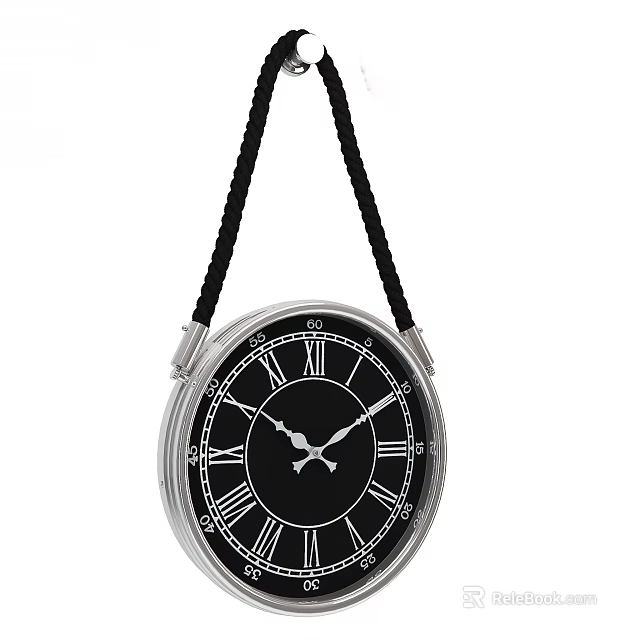 Vintage Hanging Clock with Black Dial Silver Frame and Roman Numerals 3d model 