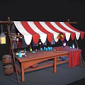 Vintage Market Stall Featuring Red White Striped Awning Wooden Table And Colorful Bottles Fruits Candles
