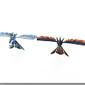 Mythical Birds with Blue and Red Feathered Wings Displayed in White Background