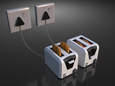 Two White Kitchen Toasters With Toast Inside Connected To Electrical Outlets 3d model