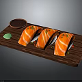 Fresh Salmon Sushi Pieces Served on Wooden Tray with Soy Sauce and Wasabi