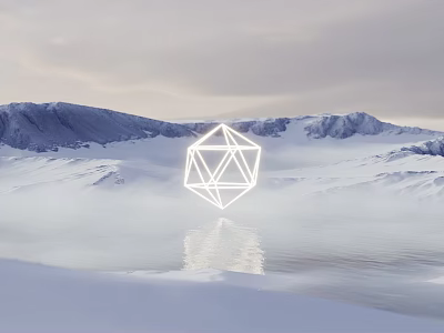 Winter Garden Landscape With Snowy Mountains And White Geometric Polygon Structure Reflection On Water 3d model