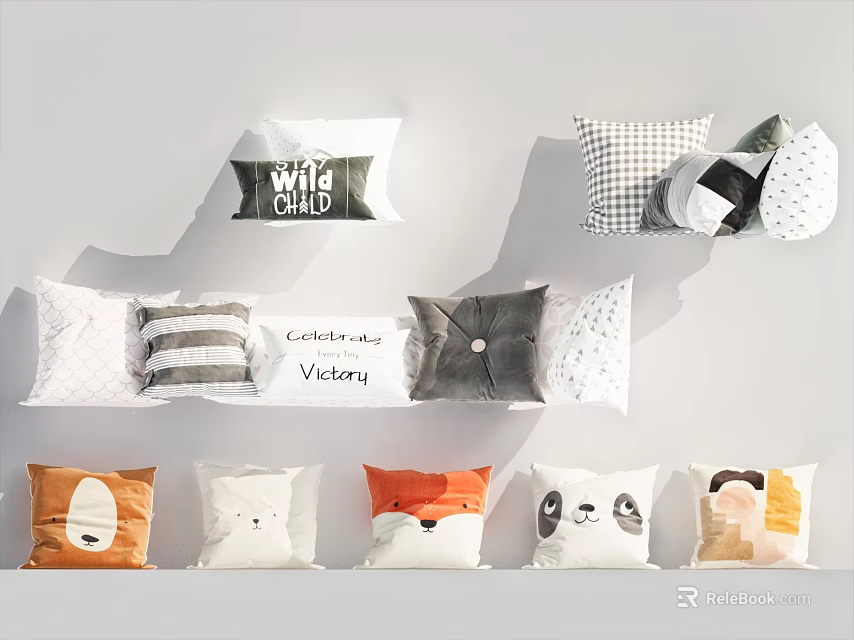 Stylish Decorative Pillows Featuring Text Designs Animal Patterns and Diverse Colors for Home Decor 3d model 