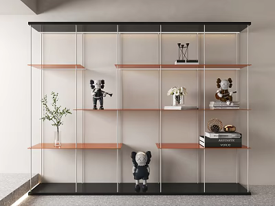 Modern Bookcase with Black Frame and Orange Shelves Displaying Statues Vase Plant and Decorative Books 3d model