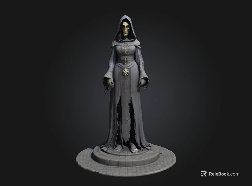 3D Rendered Hooded Robed Statue With Circular Base And Dark Background 3d model 