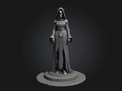 3D Rendered Hooded Robed Statue With Circular Base And Dark Background 3d model