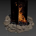 Outdoor Stone Fire Pit With Bright Flames And Burning Wood Logs