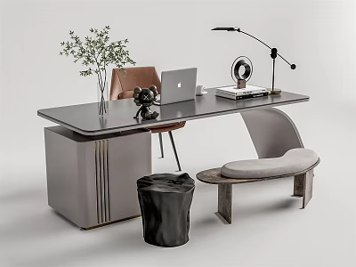 Modern Glass Top Desk With Adjustable Lamp Laptop Green Plant And Brown Chair 3d model