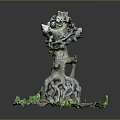 Wooden Stone Decorative Sculpture With Tree Stump Shape And Green Moss Base
