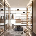 Modern Walk In Closet Interior With Glass Doors Clothes Storage And Shoes