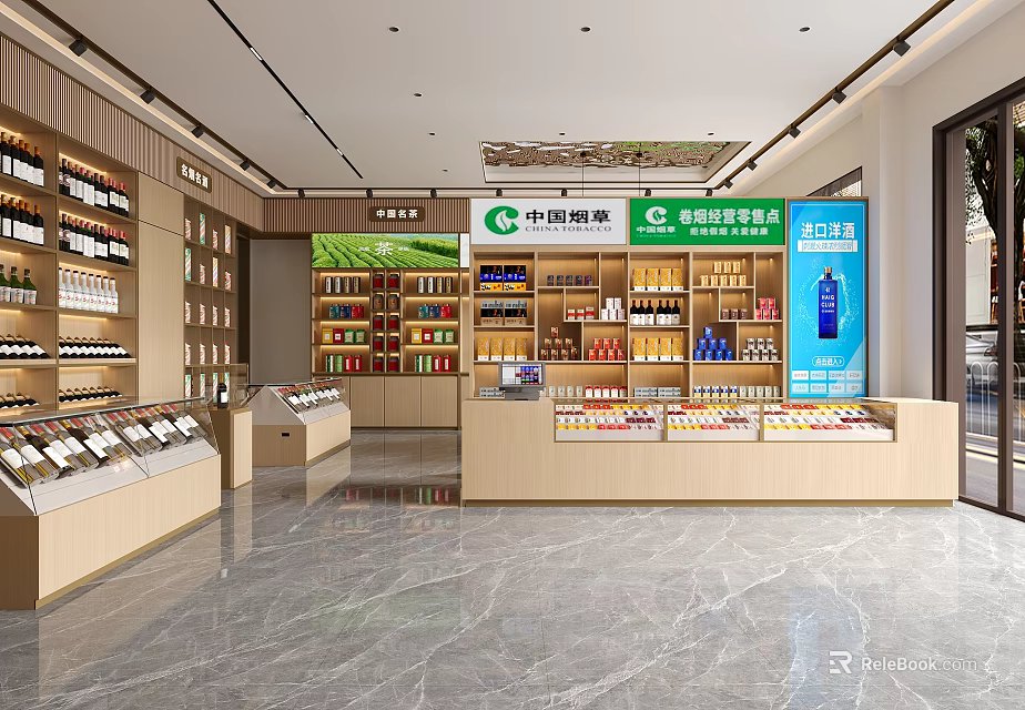Modern Tobacco And Alcohol Store Interior With Shelves Various Products And Display Counters 3d model 