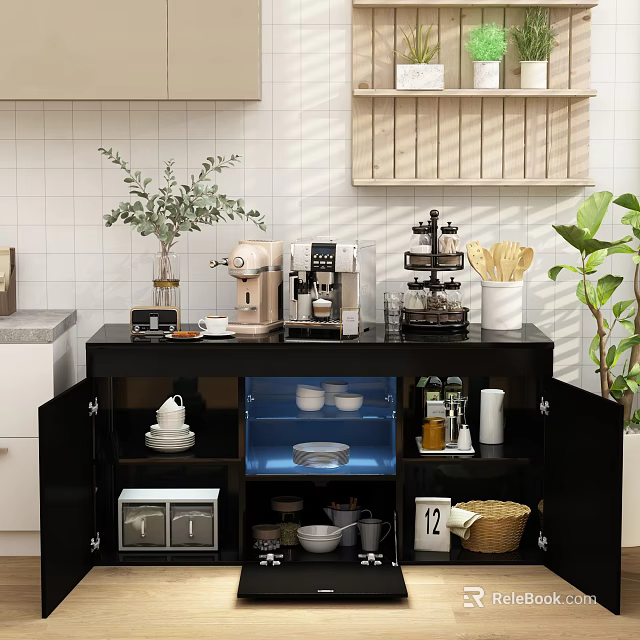 Modern Sideboard With Glass Door Storage Cabinets Tableware Coffee Machine And Green Plants 3d model 