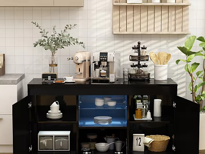 Modern Sideboard With Glass Door Storage Cabinets Tableware Coffee Machine And Green Plants 3d model