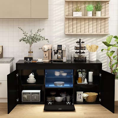 Modern Sideboard With Glass Door Storage Cabinets Tableware Coffee Machine And Green Plants 3d model