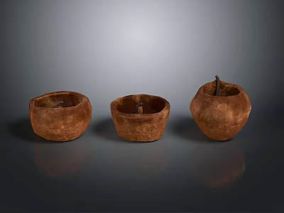 Hand Carved Ceramic Sculptures Three Brown Textured Bowl Shaped Art Pieces 3d model