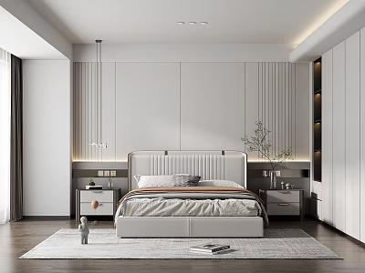 Modern Minimalist Bedroom Interior With Soft Headboard Bedside Tables Wooden Flooring And Area Rug 3d model