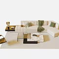 Modern White L Shaped Sofa Coffee Table Set with Green Cushions and Side Table 3d model