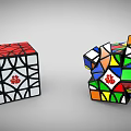 Colorful Rubik's Cubes With Chinese Fu Symbol Solved And Scrambled Patterns