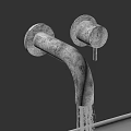 Wall Mounted Matte Black Faucet With Water Flowing From Sleek Spout On Gray Wall