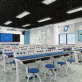 Modern Science Laboratory Interior With Blue Tables Stools Atomic Models And Large Screen 3d model
