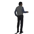 Middle Aged Man Standing In White Sweater Vest Blue Shirt And Gray Pants