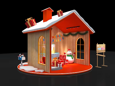 Festive Christmas House with Snow Covered Roof Gifts Snowman and Decorative Signboard 3d model