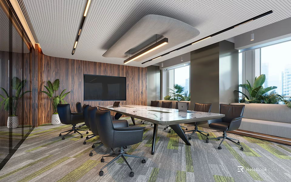 Modern Conference Room With Long Wooden Table Ergonomic Chairs Large Screen Green Plants And Windows 3d model 