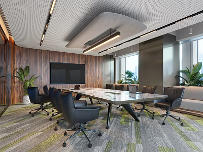Modern Conference Room With Long Wooden Table Ergonomic Chairs Large Screen Green Plants And Windows 3d model