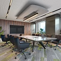 Modern Conference Room With Long Wooden Table Ergonomic Chairs Large Screen Green Plants And Windows