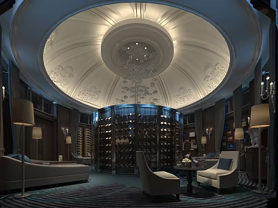 Luxurious Clubhouse Interior With Circular Dome Ornate Ceiling Wine Racks And Comfortable Seating 3d model