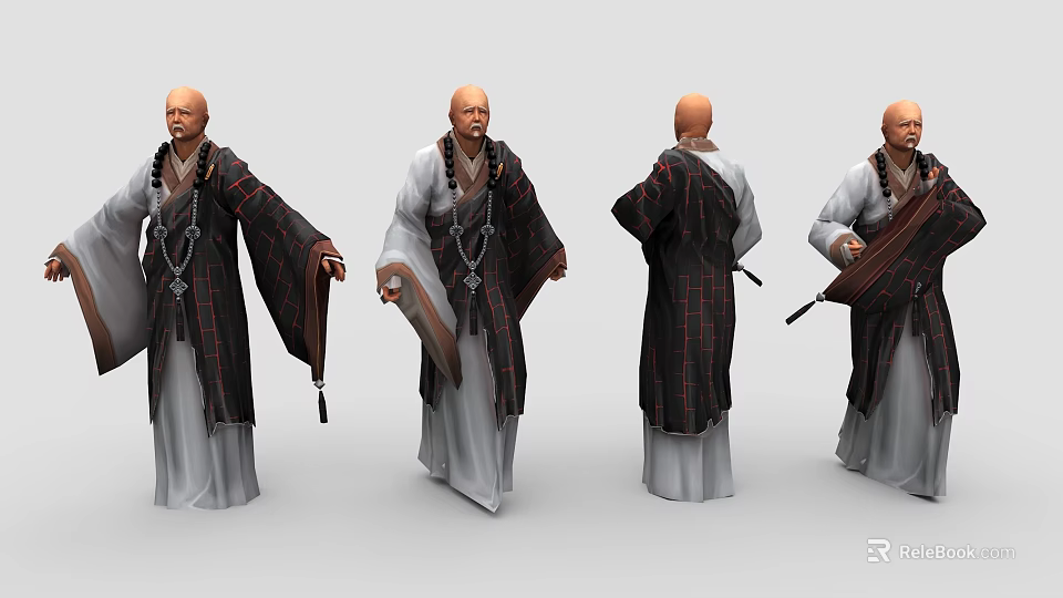 Game And Movie Character With Bald Head Traditional Robe Holding Fan Multiple Angles View 3d model 