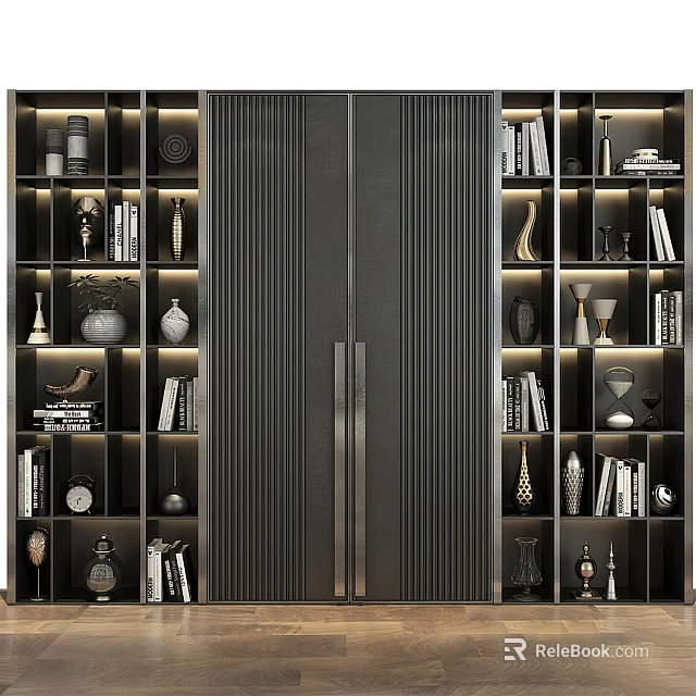 Modern Decorative Cabinet With Vertical Grooves Open Shelves Books Vases And Ornaments 3d model 