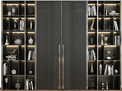 Modern Decorative Cabinet With Vertical Grooves Open Shelves Books Vases And Ornaments 3d model