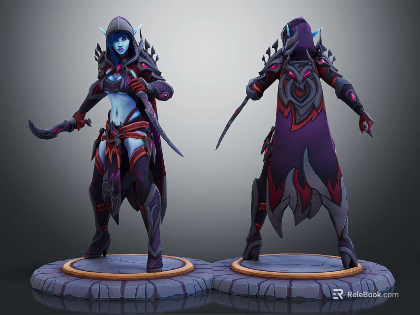 Two Blue Skinned Elven Characters With Hooded Cloaks Armored Suits And Daggers On Platforms 3d model 