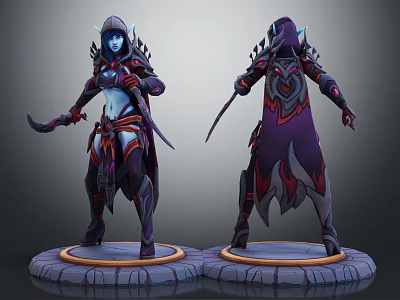 Two Blue Skinned Elven Characters With Hooded Cloaks Armored Suits And Daggers On Platforms 3d model