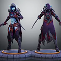 Two Blue Skinned Elven Characters With Hooded Cloaks Armored Suits And Daggers On Platforms