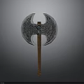 Double Headed Axe Weapon with Silver Blades Intricate Patterns and Wooden Handle