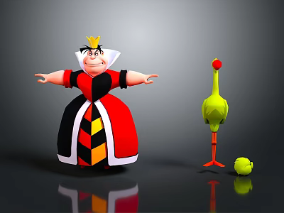 Cartoon Queen in Red Yellow Black Dress Crown Green Long Legged Bird and Yellow Ball 3d model