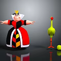 Cartoon Queen in Red Yellow Black Dress Crown Green Long Legged Bird and Yellow Ball