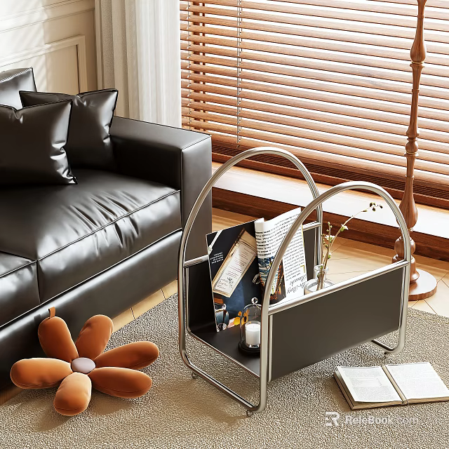 Modern Living Room Side Table With Metal Frame Black Panel Storage And Magazines 3d model 
